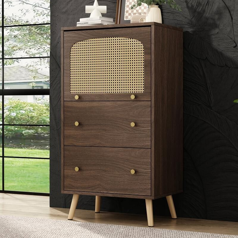 Rattan Drawer Cabinet Sideboard with Flip Door Storage Unit Bedroom 113cm
