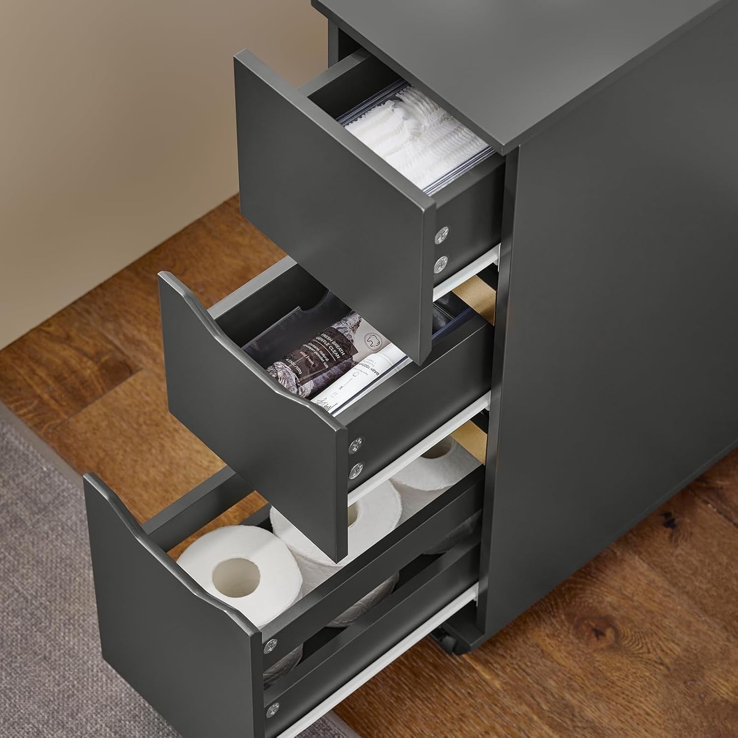 Slim Bathroom Storage Cabinet on Wheels 3 Drawers Dark Grey 20x60x70cm