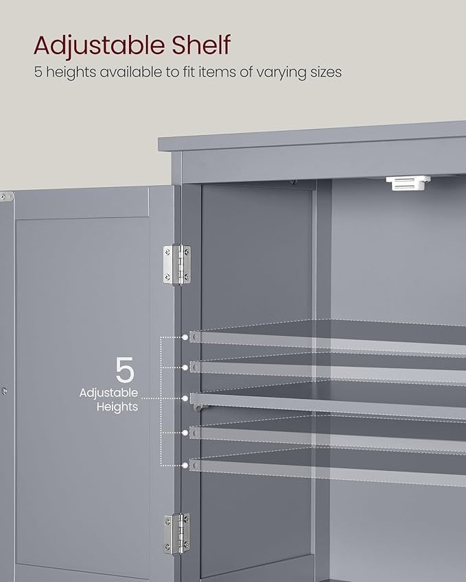 Tall Grey Bathroom Storage Cabinet with 2 Drawers & Double Doors – Adjustable