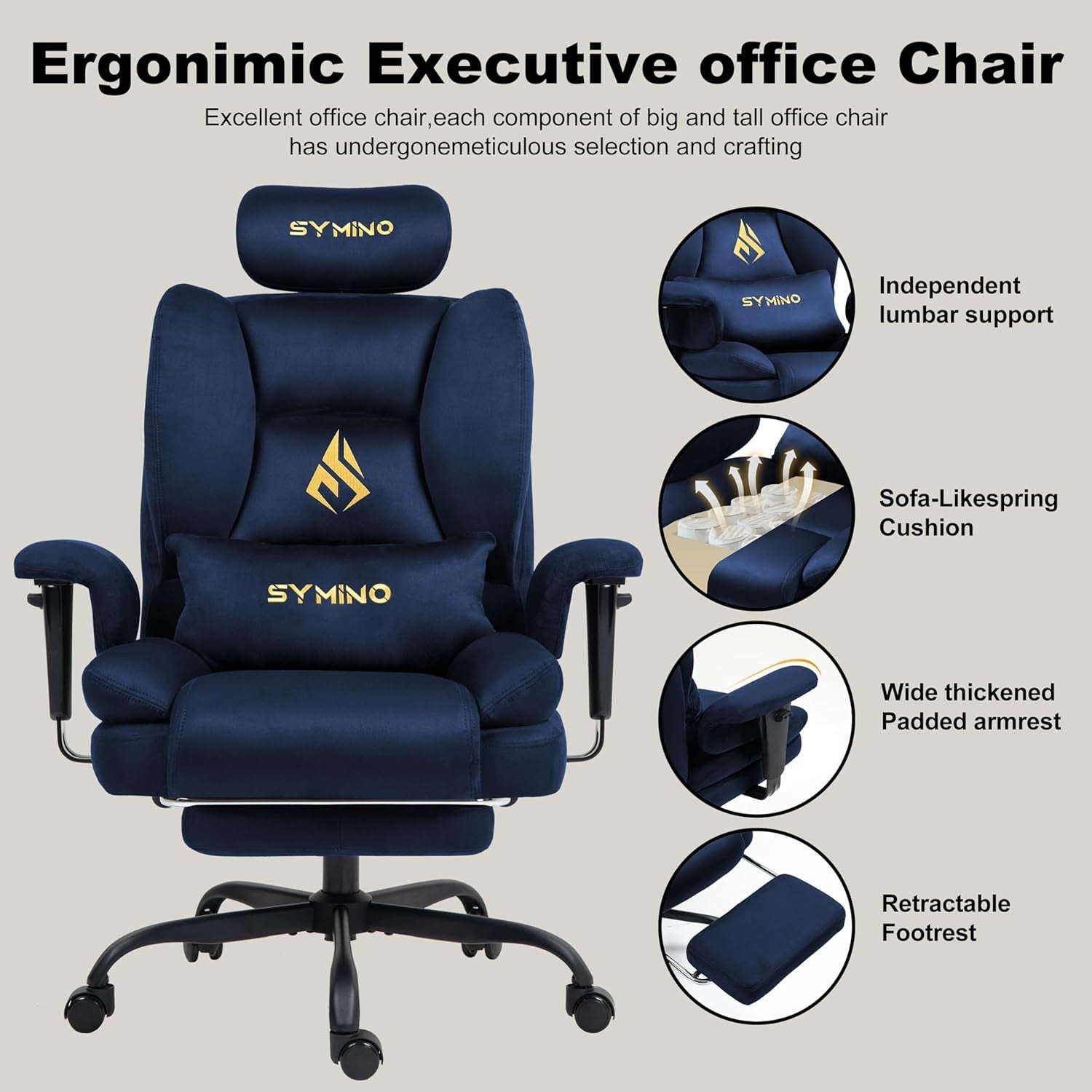 Ergonomic Gaming Chair with Footrest Pocket Spring Dark Blue