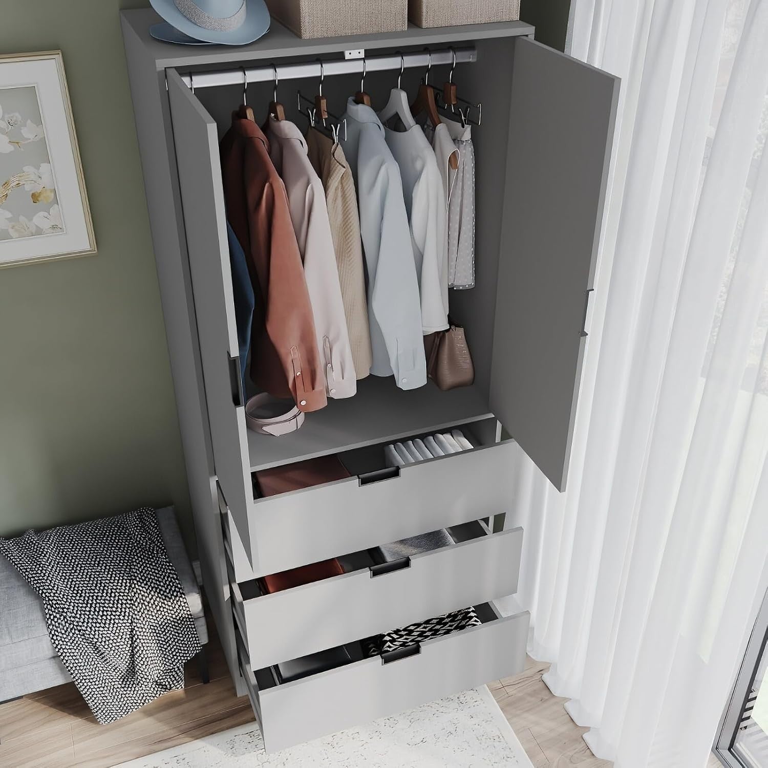 Modern Grey Tall Wardrobe 2 Door 2 Drawer with Rail Bedroom Storage Unit