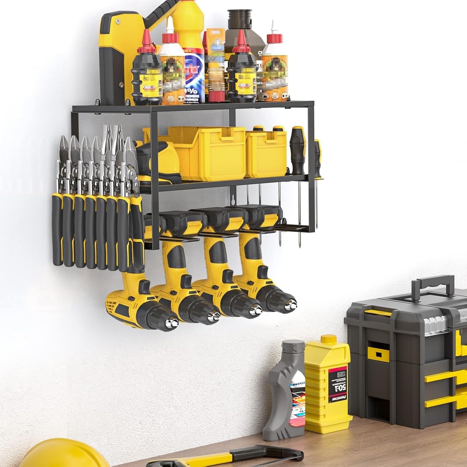 Wall-Mounted Drill Rack 4 Drill Holders 3-Layer Step Shelf Black Steel