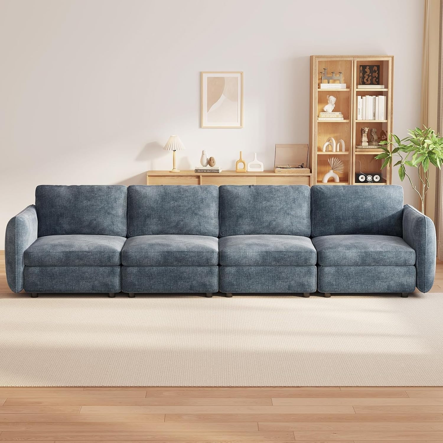 Modern 4 Seater Sofa Blue-Grey Deep Cushions 305CM Ergonomic Couch
