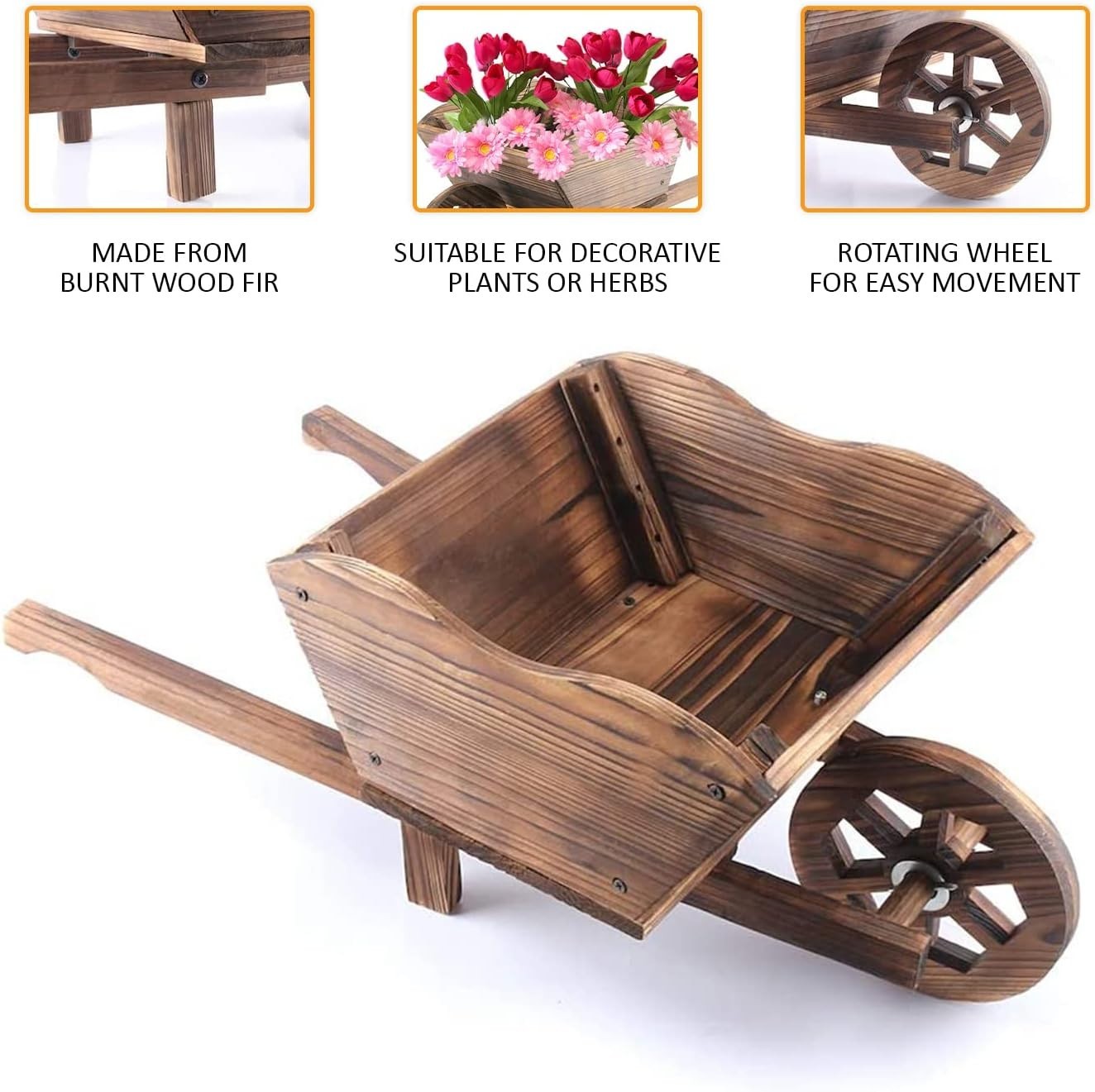 Wooden Wheelbarrow Planter – Rustic Garden Decor w/ Rotating Wheel Heavy Duty