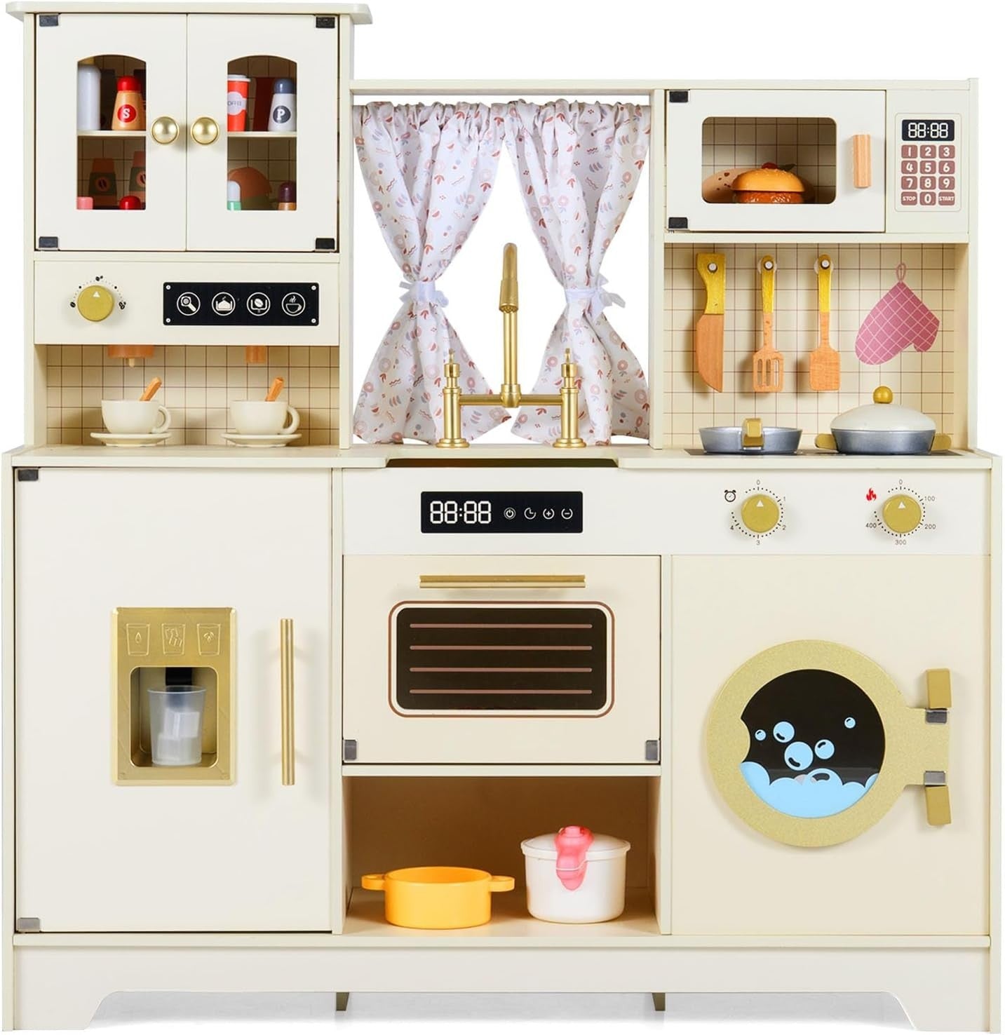 Wooden Kids Play Kitchen Coffee Maker Ice Dispenser Beige Toy