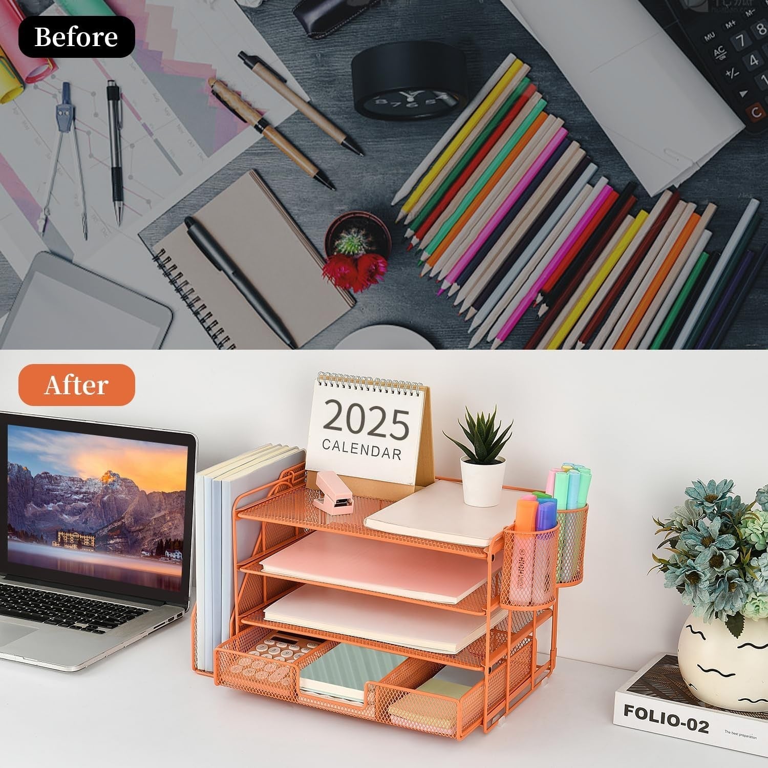 4-Tier Desk Organizer Metal File Holder Drawer Pen Storage Orange