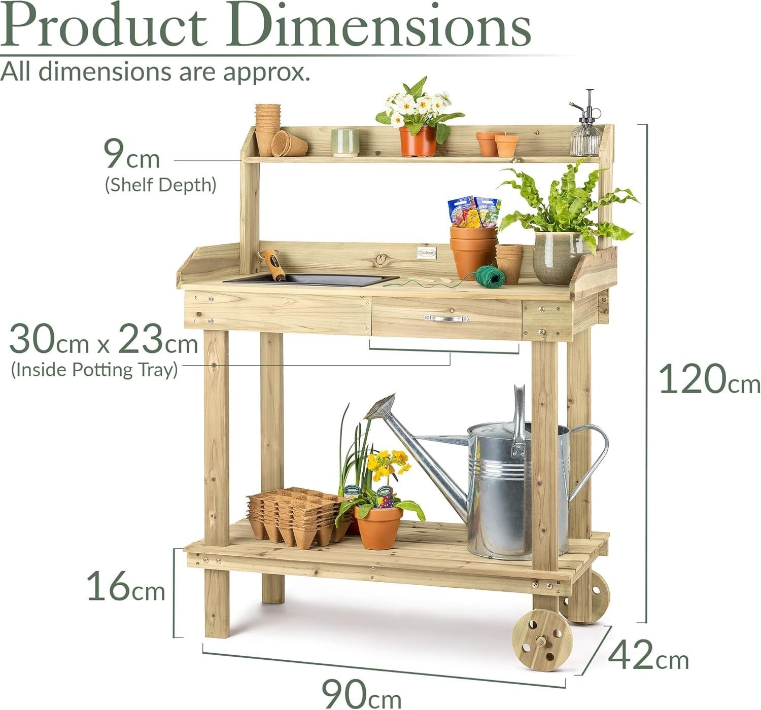 Wooden Garden Potting Table With Wheels Tray Drawer Shelves Outdoor Bench