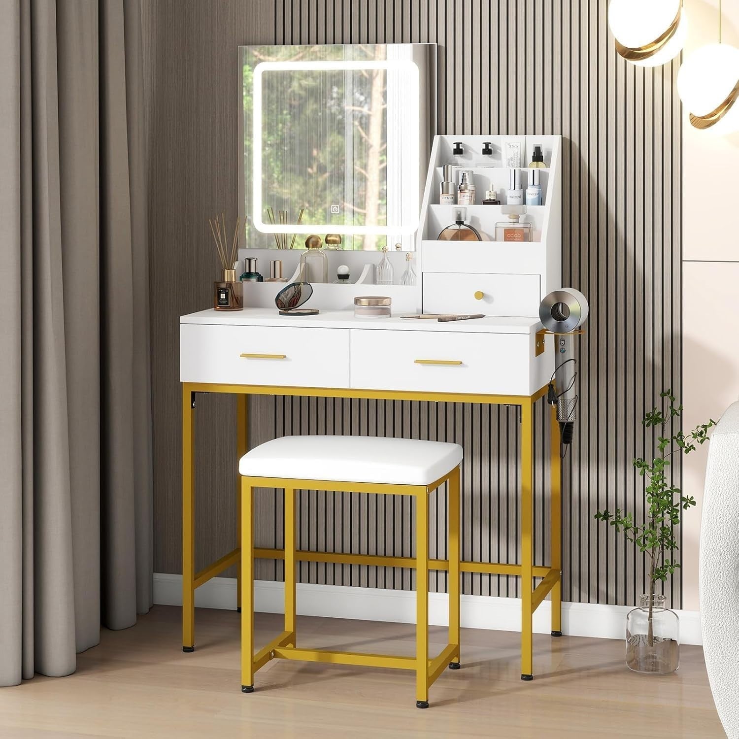 Vanity Makeup Dressing Table with LED Mirror 3-Color Light & Storage White/Gold