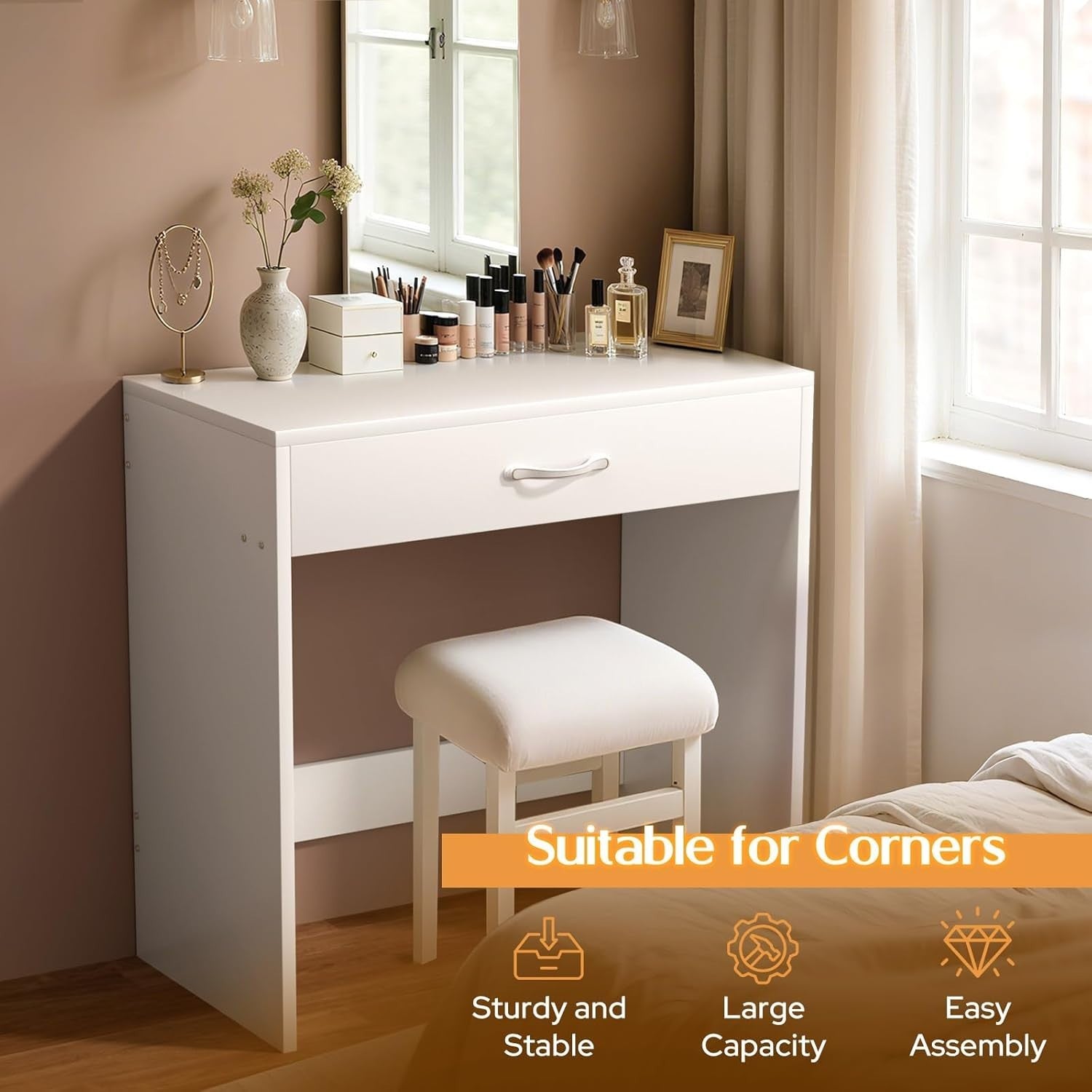 White Modern Compact Dressing Table Vanity Desk 1 Drawer Small Bedroom Wood