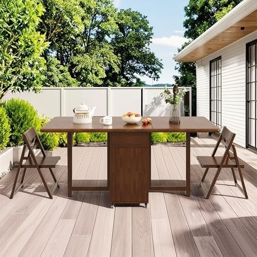 Space Saving Foldable Dining Table on Wheels Solid Wood Extending Kitchen Table