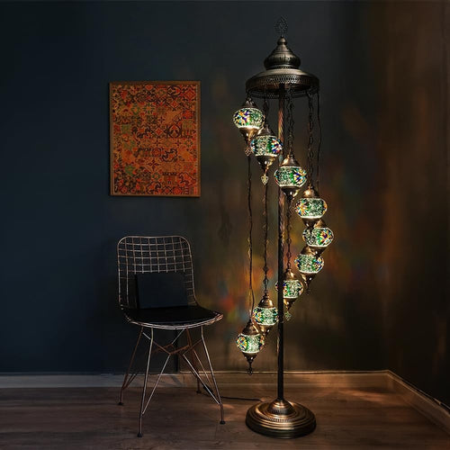 Turkish Mosaic Floor Lamp 9 Globe Standing Light Green 70in Boho Decor