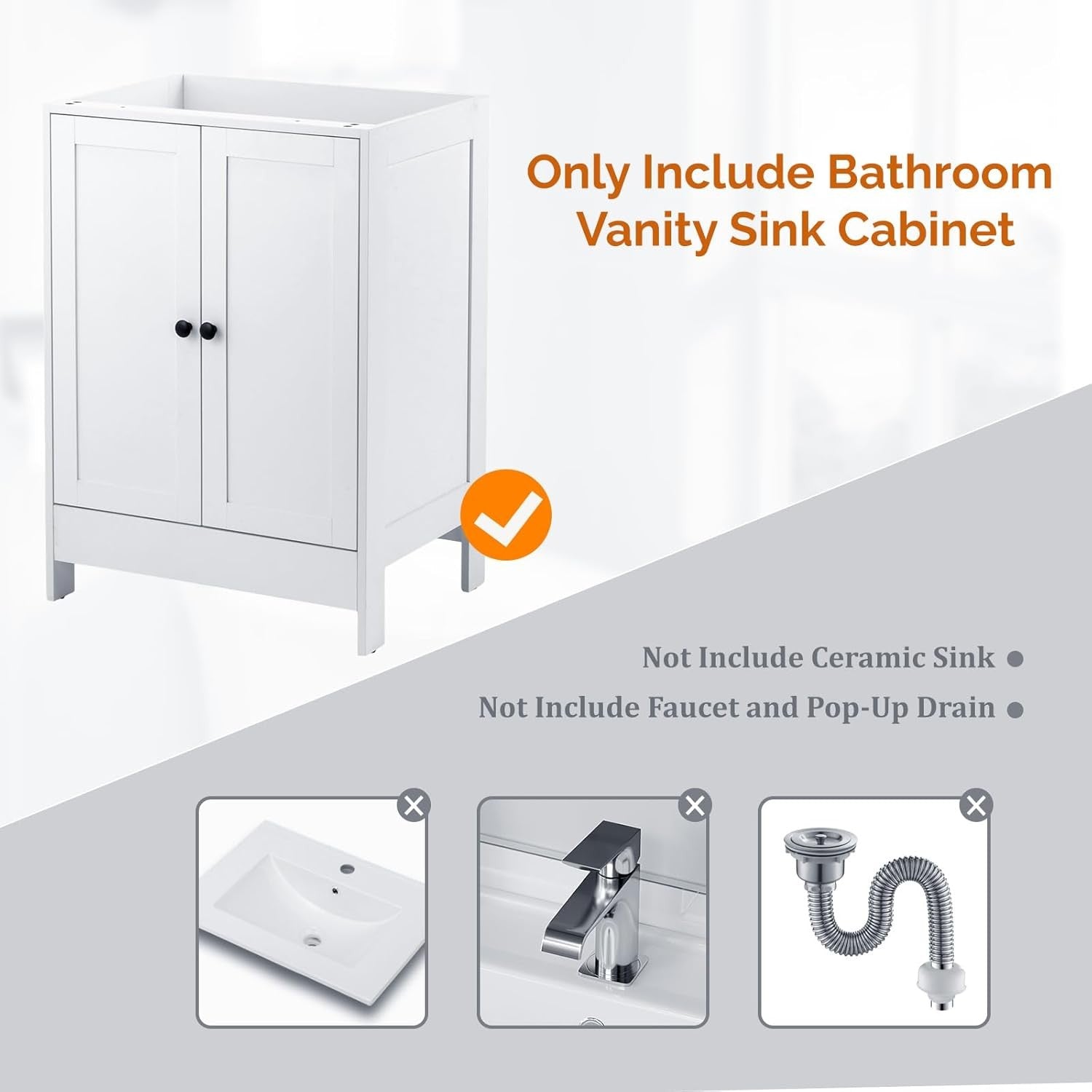 White Under Sink Bathroom Cabinet | 61x45x85cm Wooden Storage Unit 2 Doors