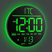 Black Green 10″ RGB Digital Wall Clock LED Large Display Remote Temperature