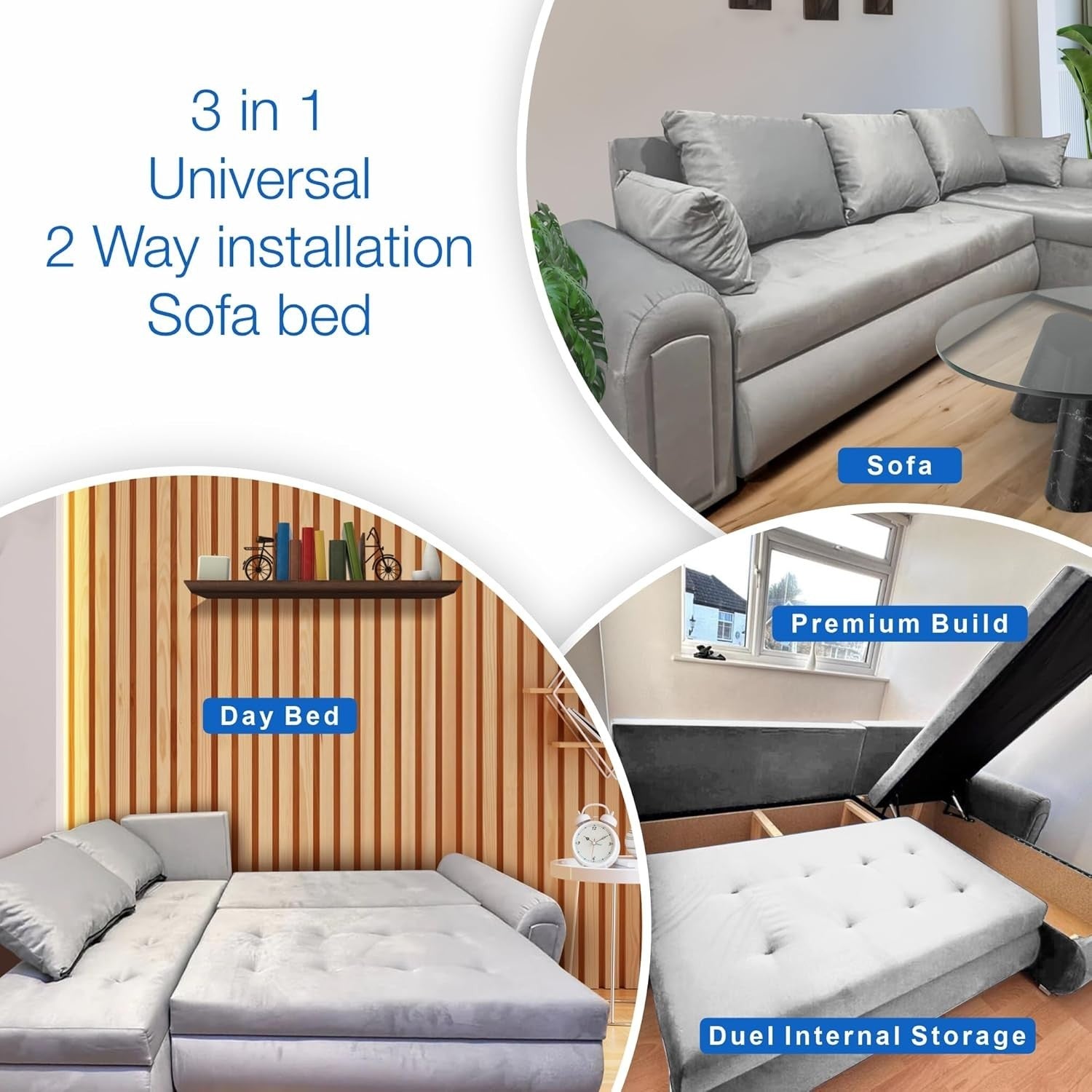 Convertible L-Shape Sofa Bed with Storage – Plush Velvet Silver Sleeper