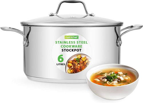 5.7L Stainless Steel Stock Pot with Glass Lid Induction Ready Heavy Duty Soup