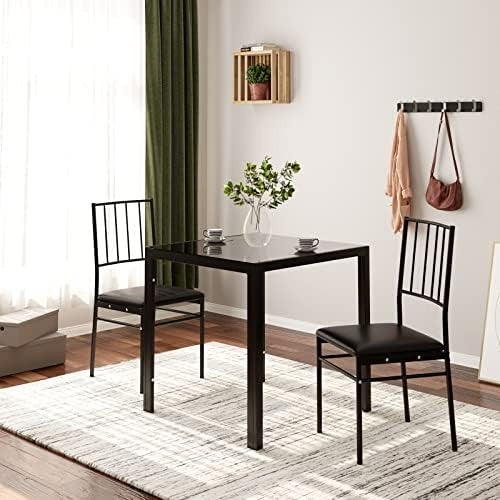 75cm Square Glass Dining Table Black Tempered Metal Frame Kitchen Table