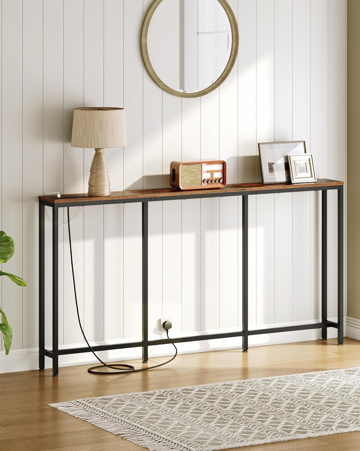 Slim Rustic Console Table with Power Outlet & USB Charging Station