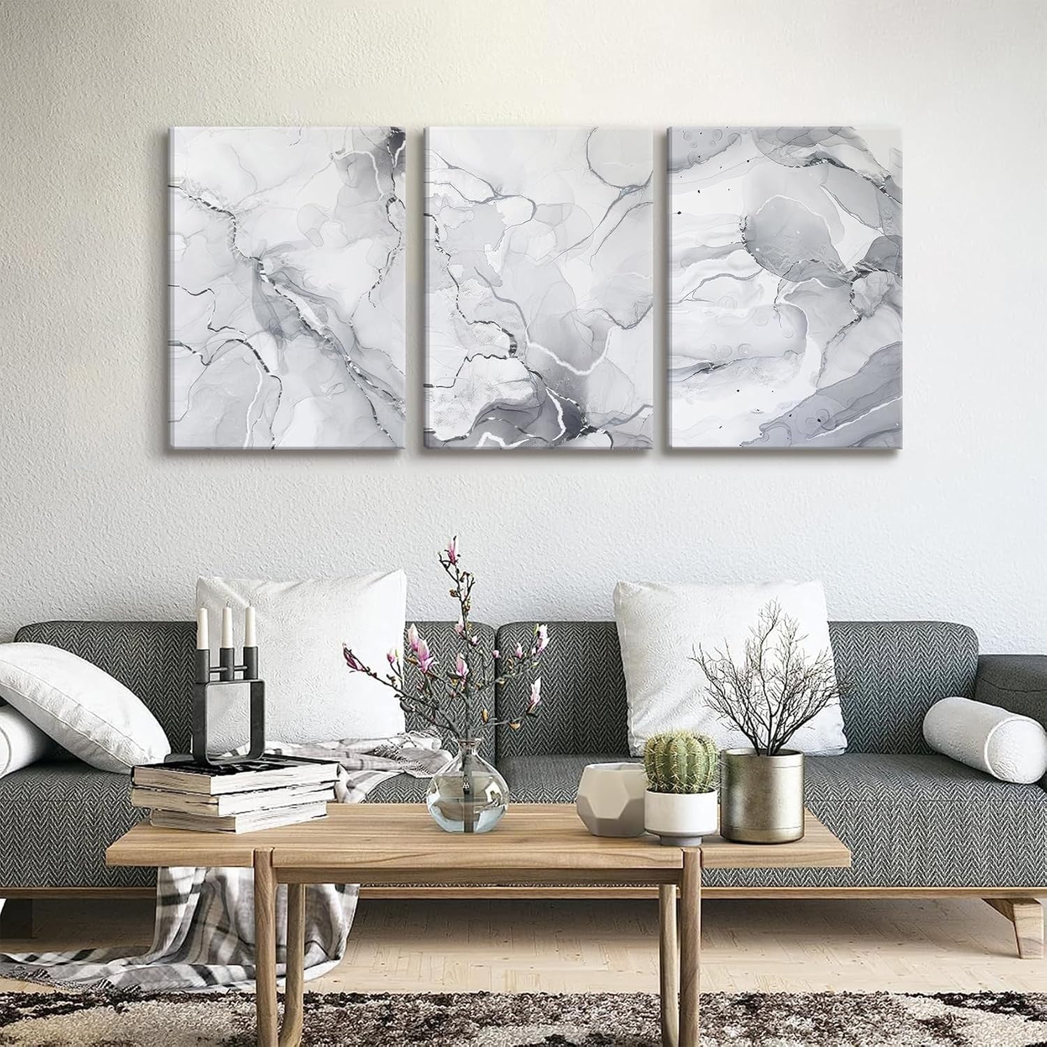 Grey White Marble Canvas Wall Art Set of 3 12x16in Abstract
