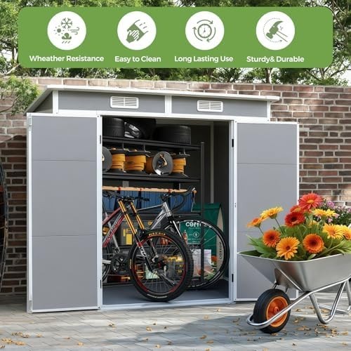 Plastic Garden Storage Shed 8x4ft Waterproof Outdoor Tool Shed with Floor Grey