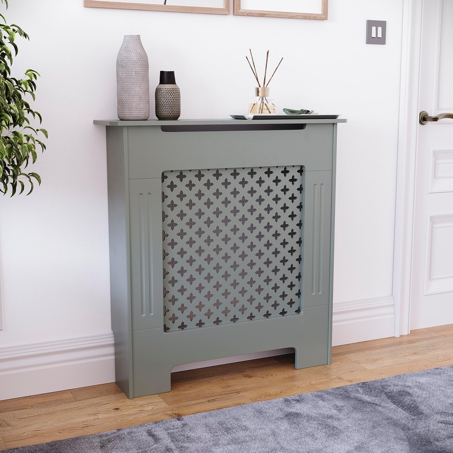 Small Olive Grey Radiator Cover 82x78x19cm Cross Pattern MDF Heating Cabinet
