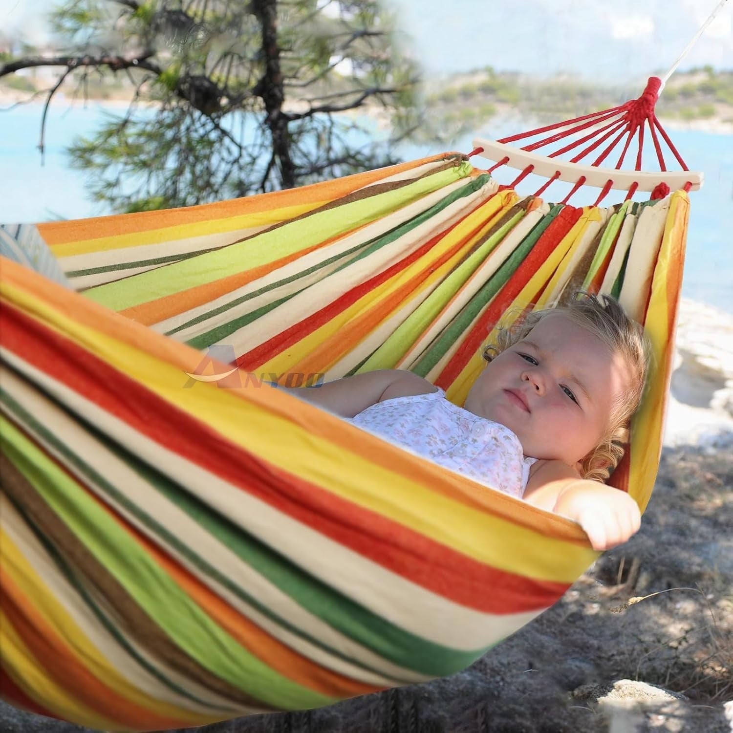Outdoor Cotton Hammock with Spreader Bars & Tree Straps – Portable - Orange