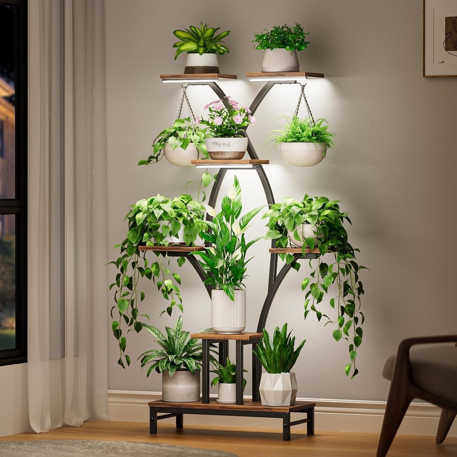 Tall Plant Stand with Grow Lights, Metal Flower Shelf for Home & Patio
