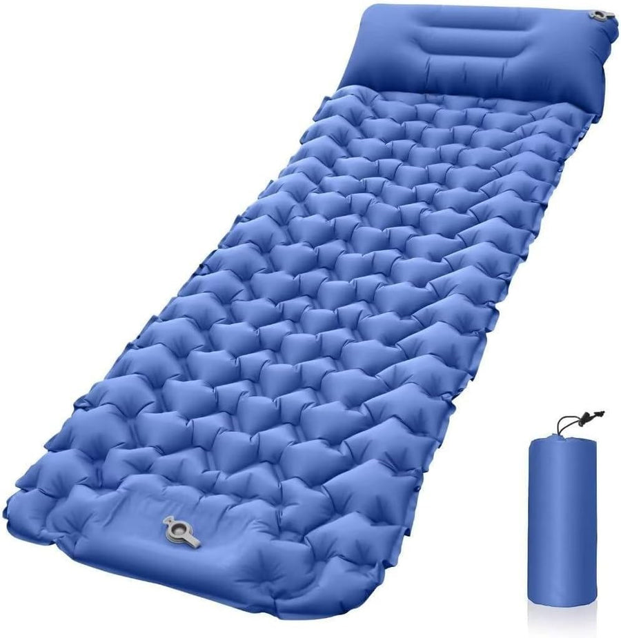 Blue Inflatable Camping Sleeping Pad – Foot-Pump, Portable, 190x120x5cm