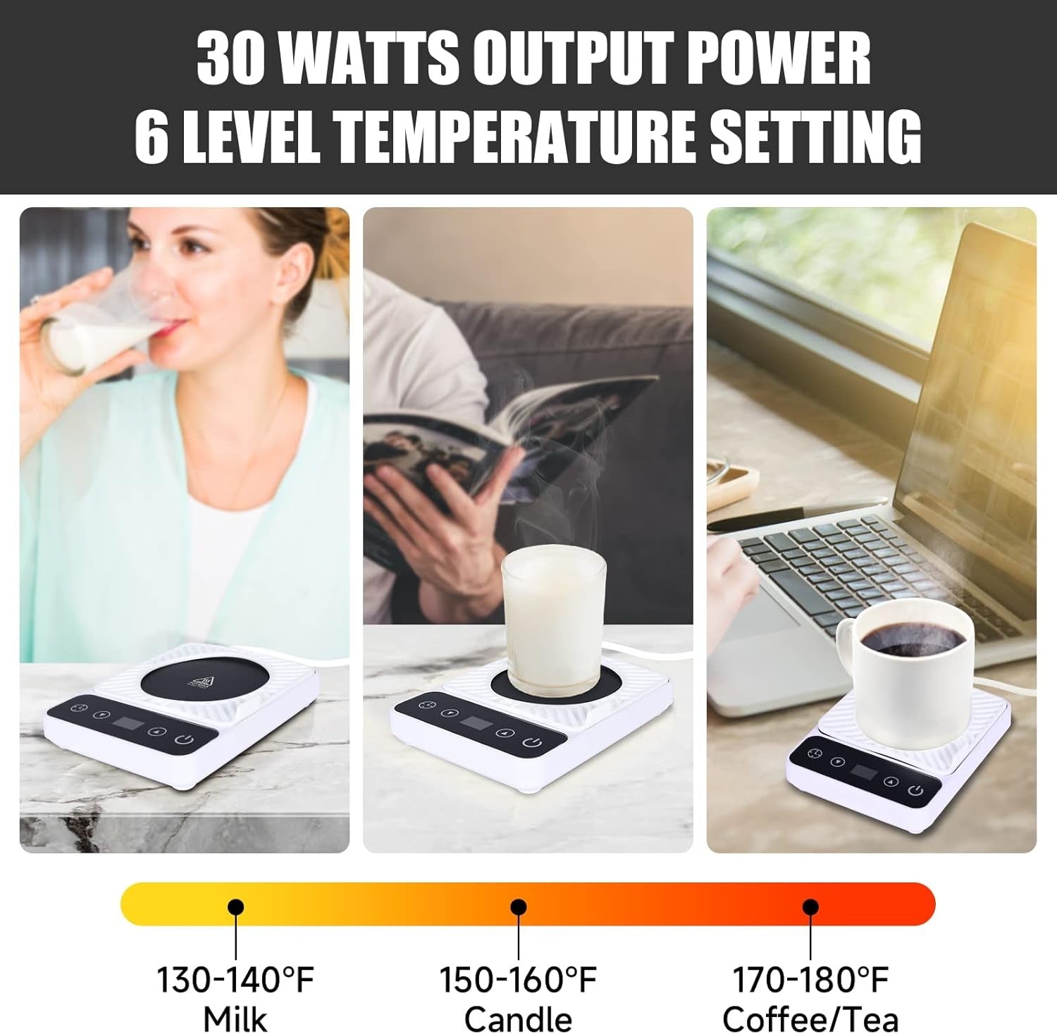 White Electric Coffee Mug Warmer 6 Temp Timer Control
