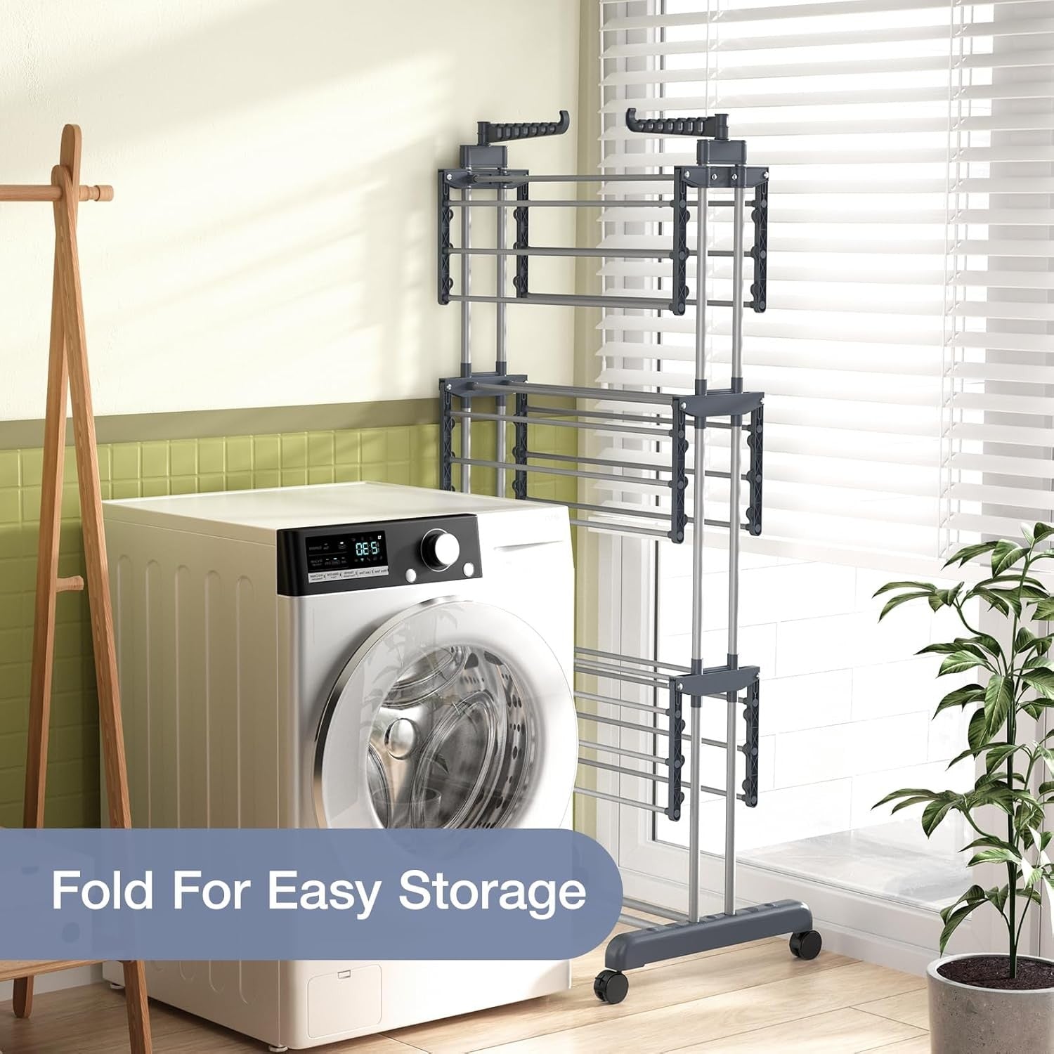 3 Tier Rolling Laundry Air Drying Stand Folding Wings Mobile Indoor Rack