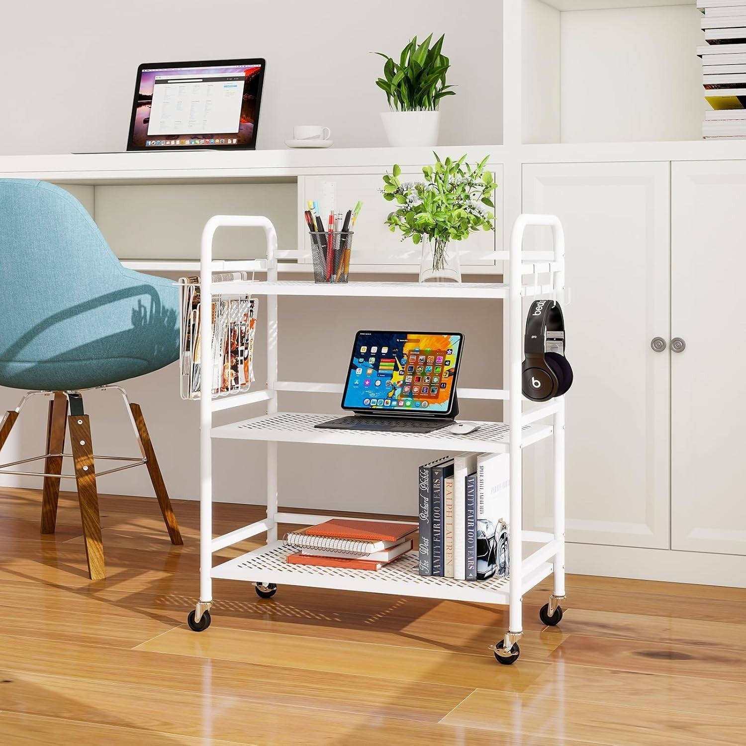 White 3 Tier Metal Mesh Rolling Utility Cart Heavy Duty Storage Rack