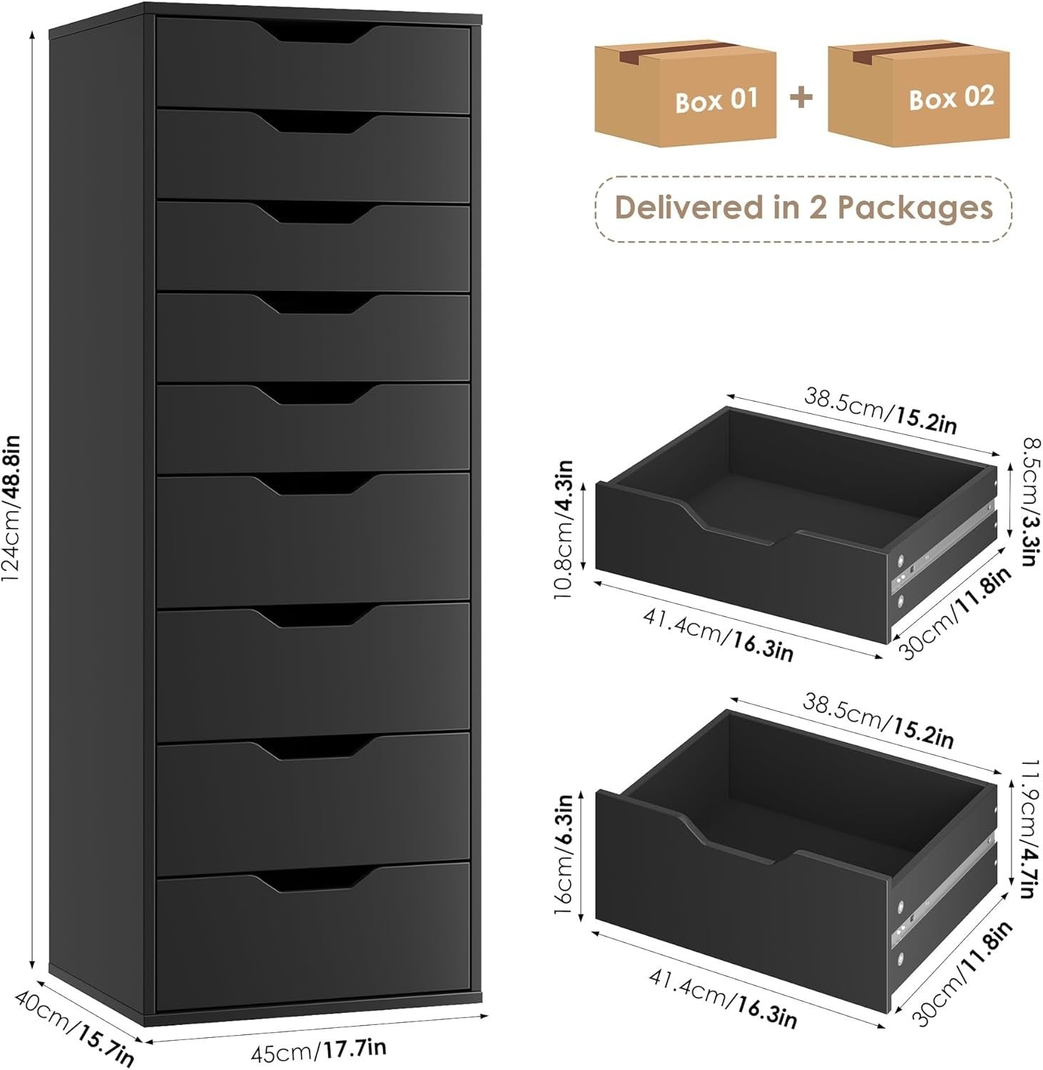 Tall Black 9 Drawer Chest Storage Cabinet Dresser Unit 124x45x40cm Modern