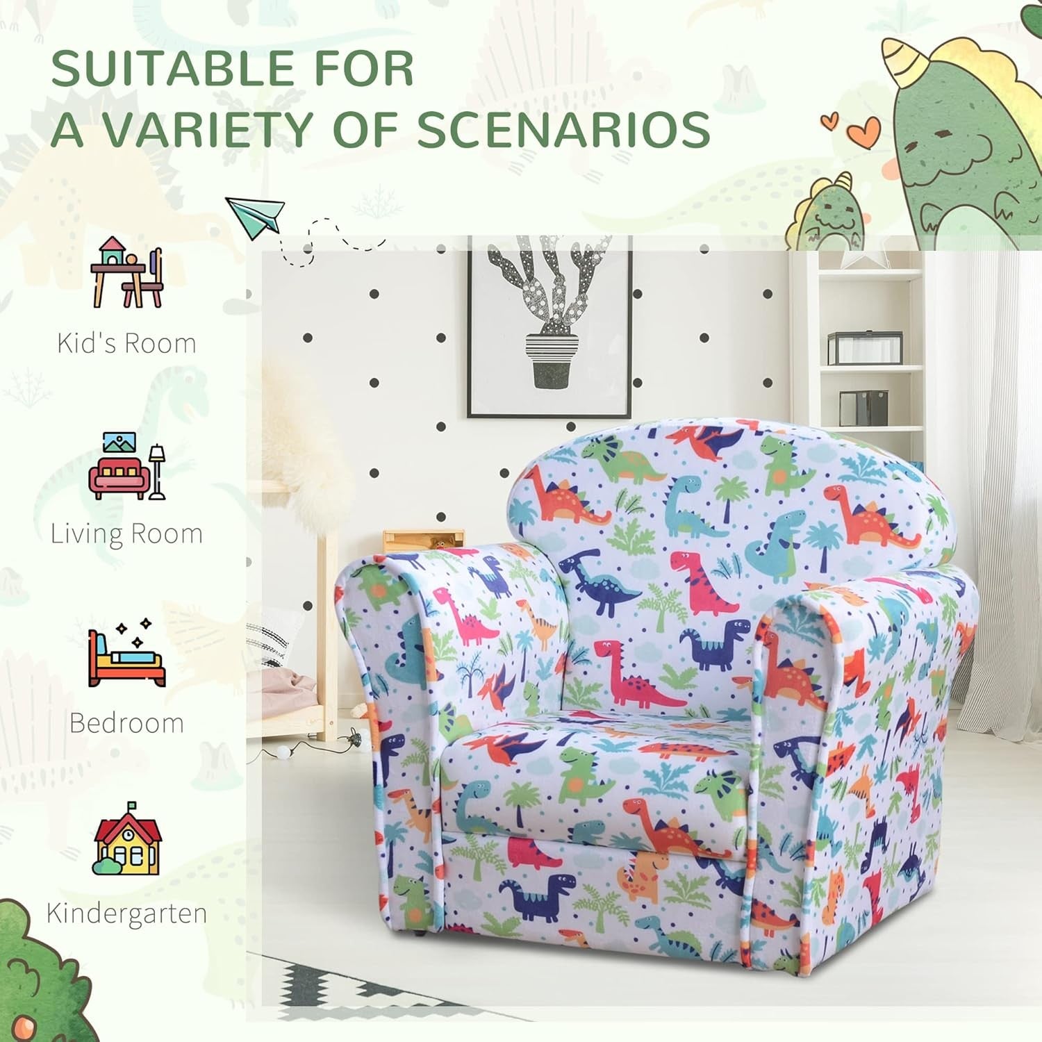 Kids Dinosaur Armchair Flannel Sofa Tub Chair Wooden Frame Bedroom