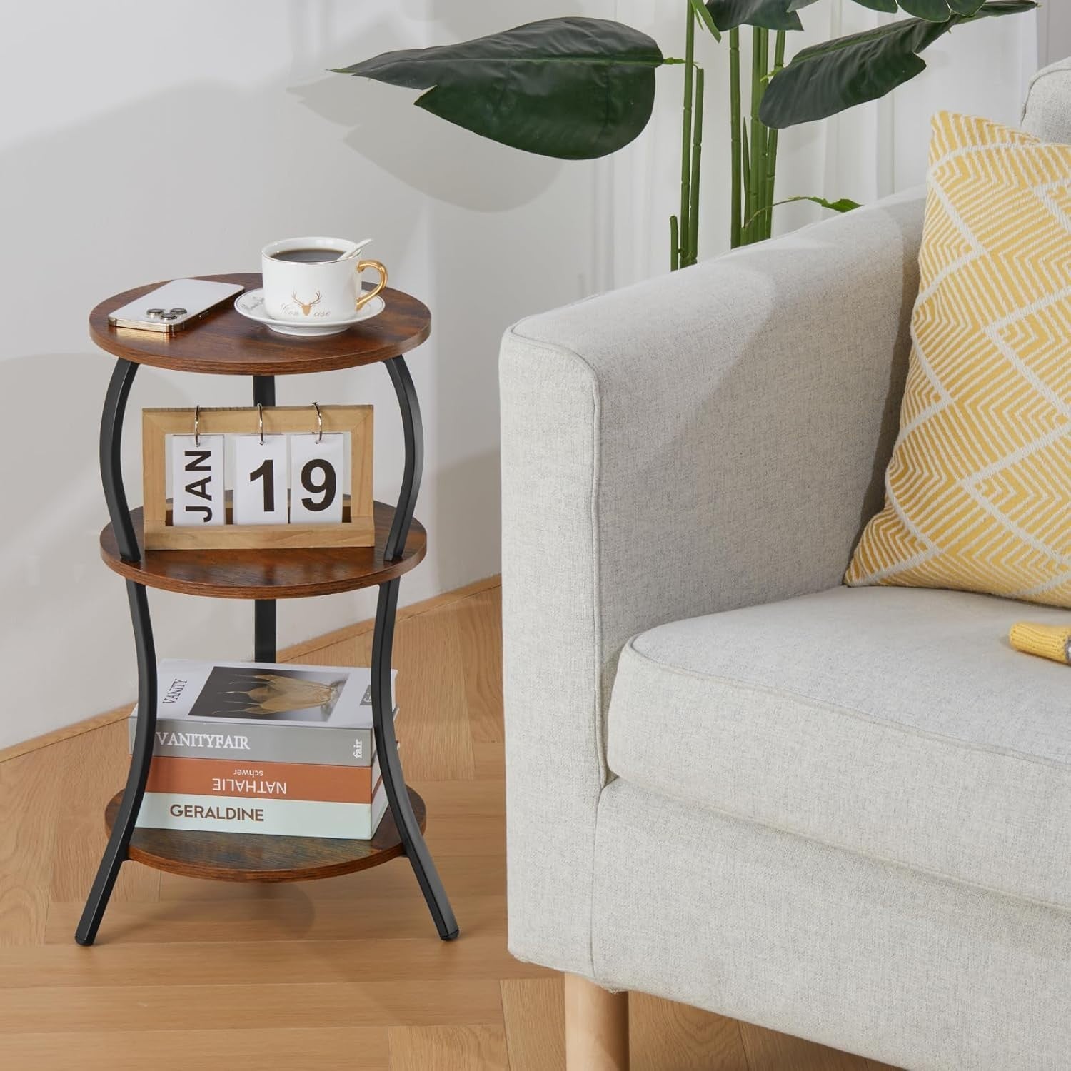 Brown 3-Tier Round Side Table 30x30x55 cm | Slim End Table w/ Storage