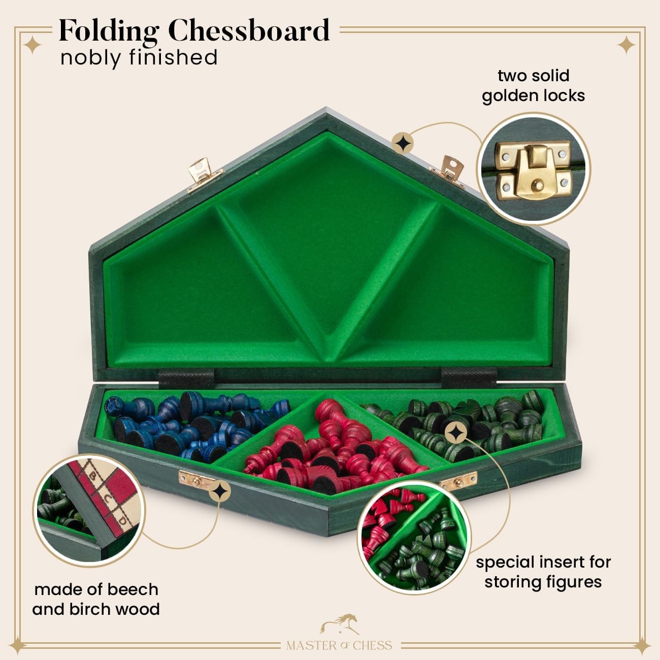 Large 3-Player Wooden Chess Set Hexagonal Board 40×35cm Handcrafted Travel Game