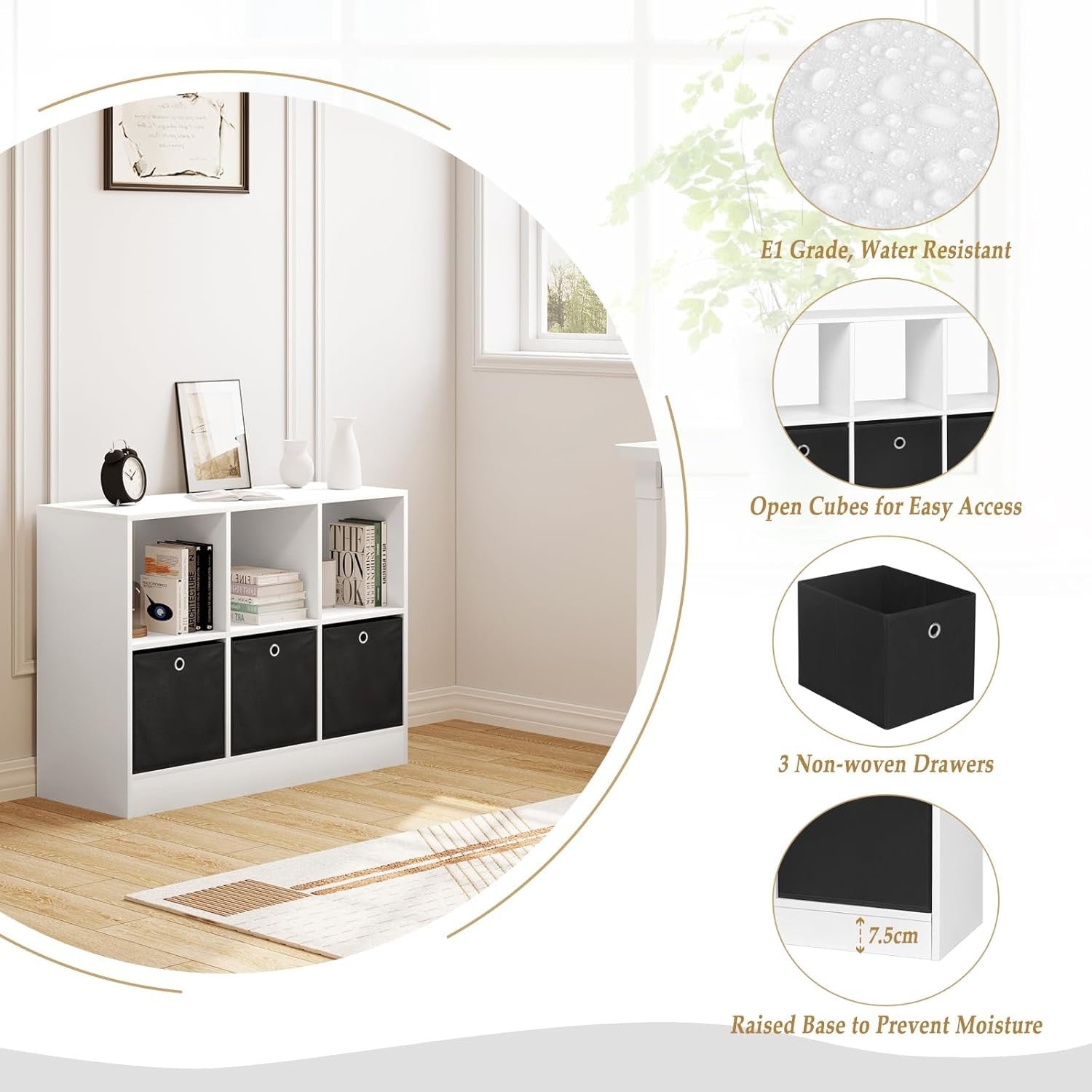 Modern 6-Cube Storage Bookcase with Fabric Drawers | Wide Display Shelf Unit