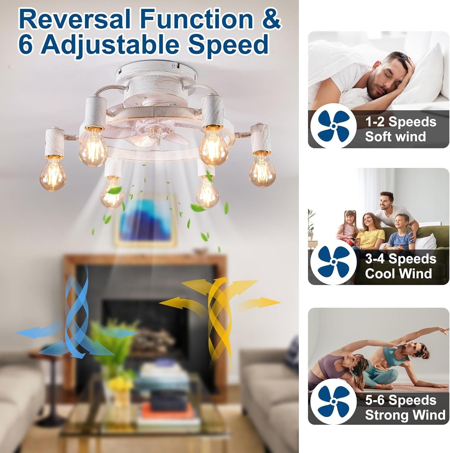 52CM Ceiling Fan Light, 6 Lights, Remote, Flush Mount Industrial Design, White