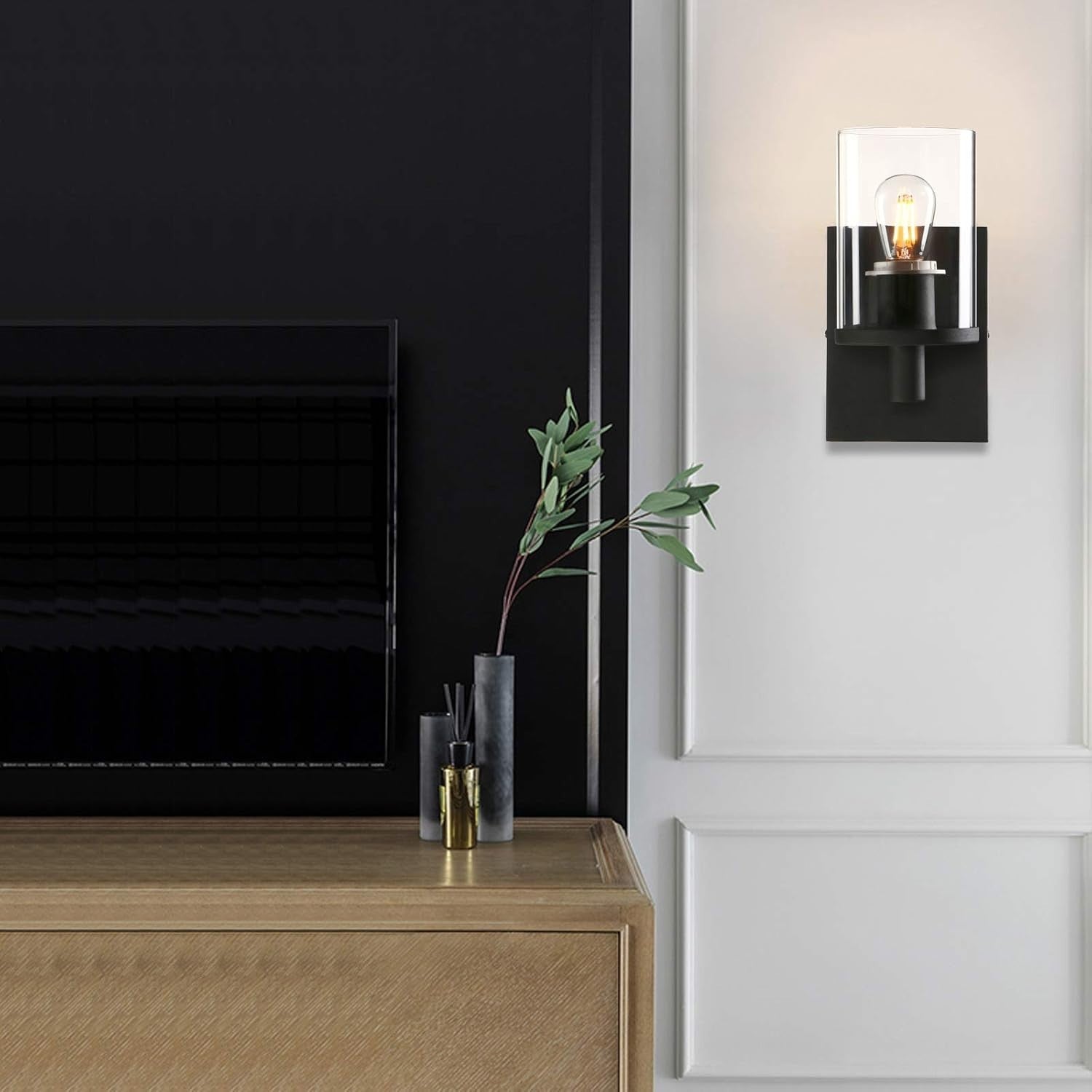 Modern Black Glass Wall Sconces, Dimmable Indoor Lights, Set of 2