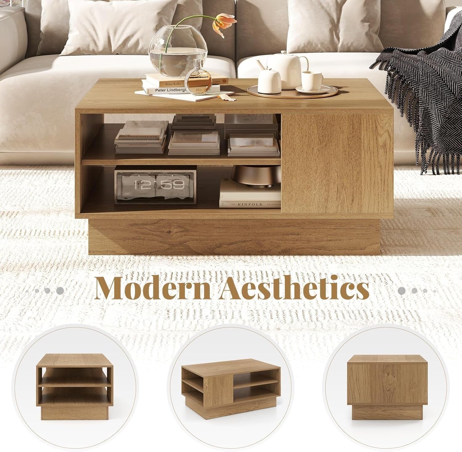 Modern Wooden Coffee Table with 2-Tier Storage & Recessed Base 86x56x41cm