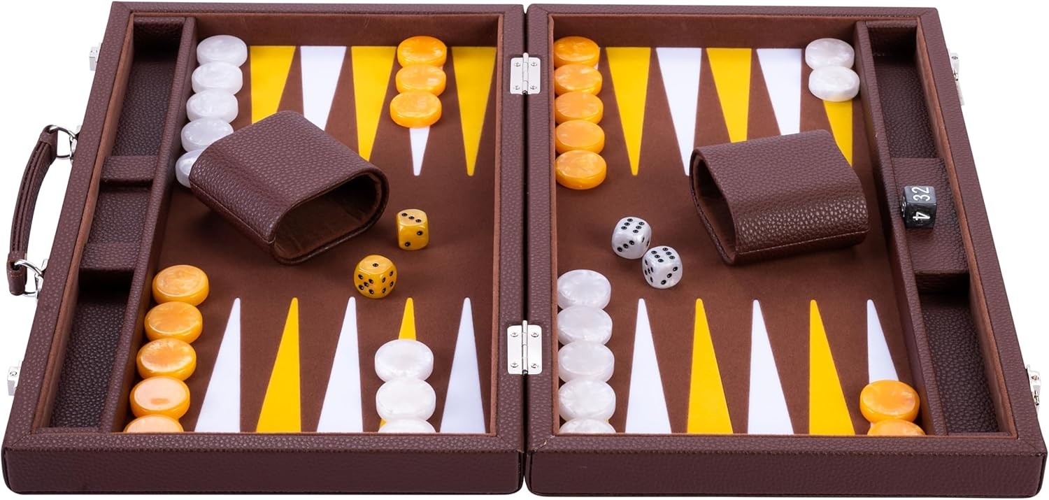 Luxury Backgammon Set 15in Faux Leather Case Travel Board Game with Dice Cups