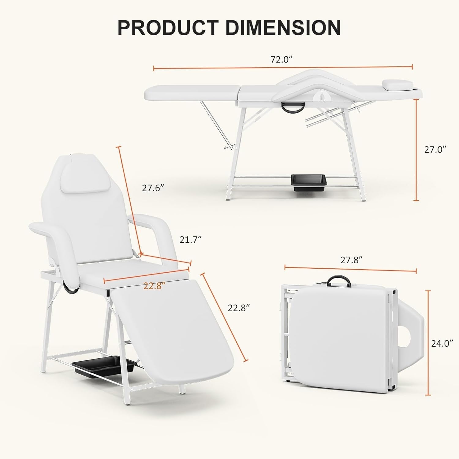 Portable 3-Section Massage Table Folding Beauty Spa Bed w/ Storage Tray White