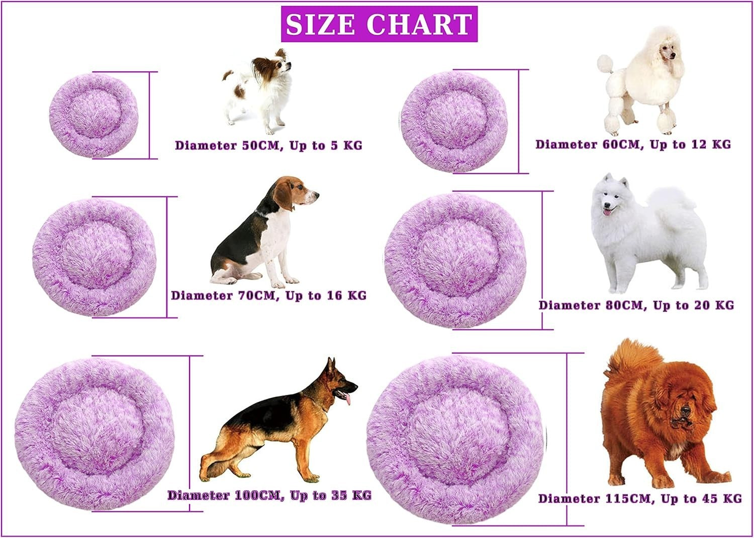 XXL Calming Donut Dog Bed 100cm Anti Anxiety Faux Fur Purple