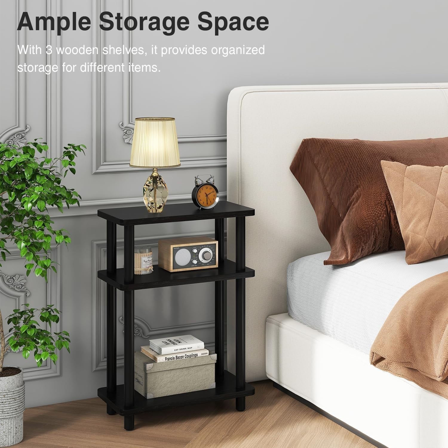 Slim 3-Tier Narrow Side Table with Storage Shelves, Black, Compact 40x18x62 cm