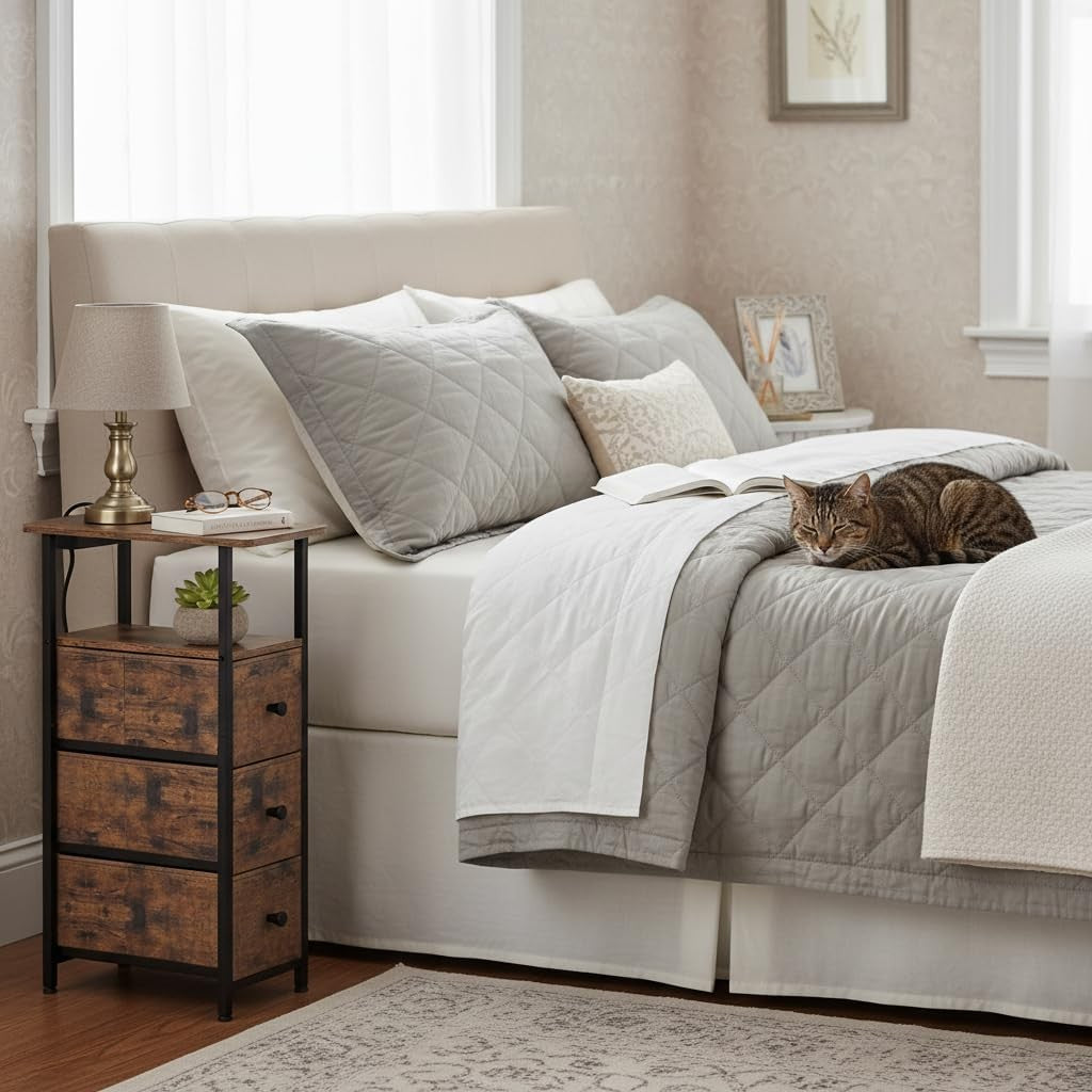 Slim Rustic Bedside Tables Set of 2 with Charging Station & Storage Drawers