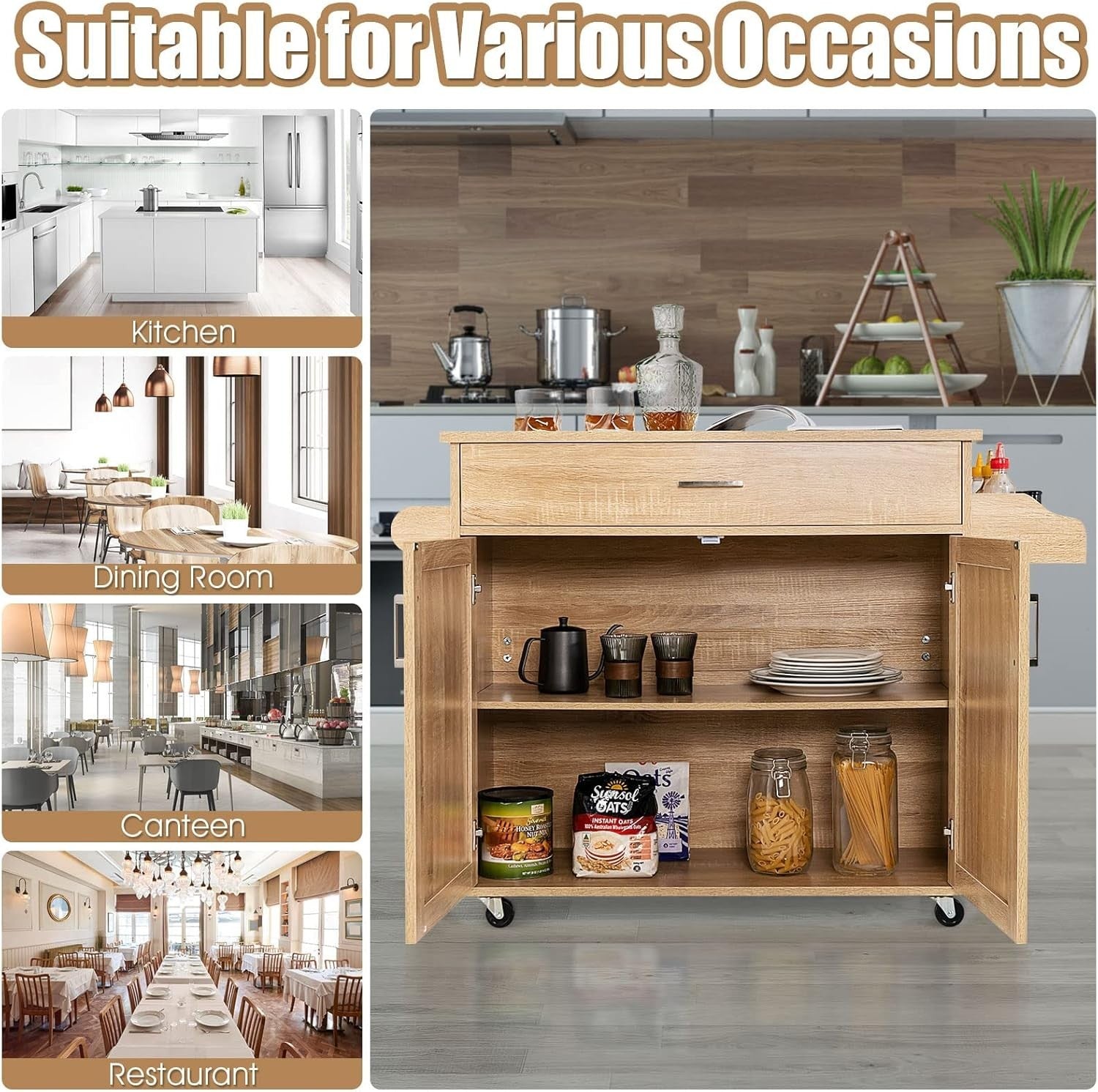 Large Kitchen Island Trolley Drawer Cabinet 116cm Natural