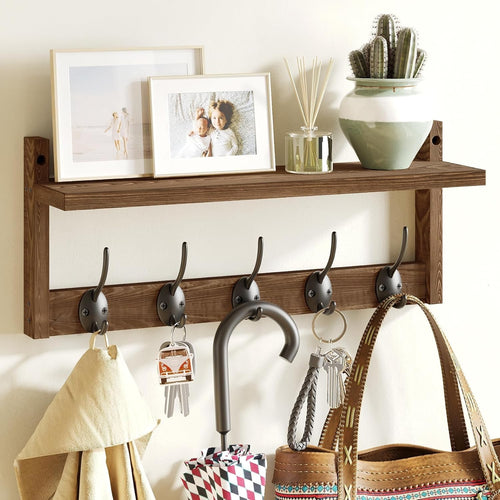 Wooden Wall Coat Rack with Shelf 43.5cm | 5 Hooks for Coats Hats Bags Keys