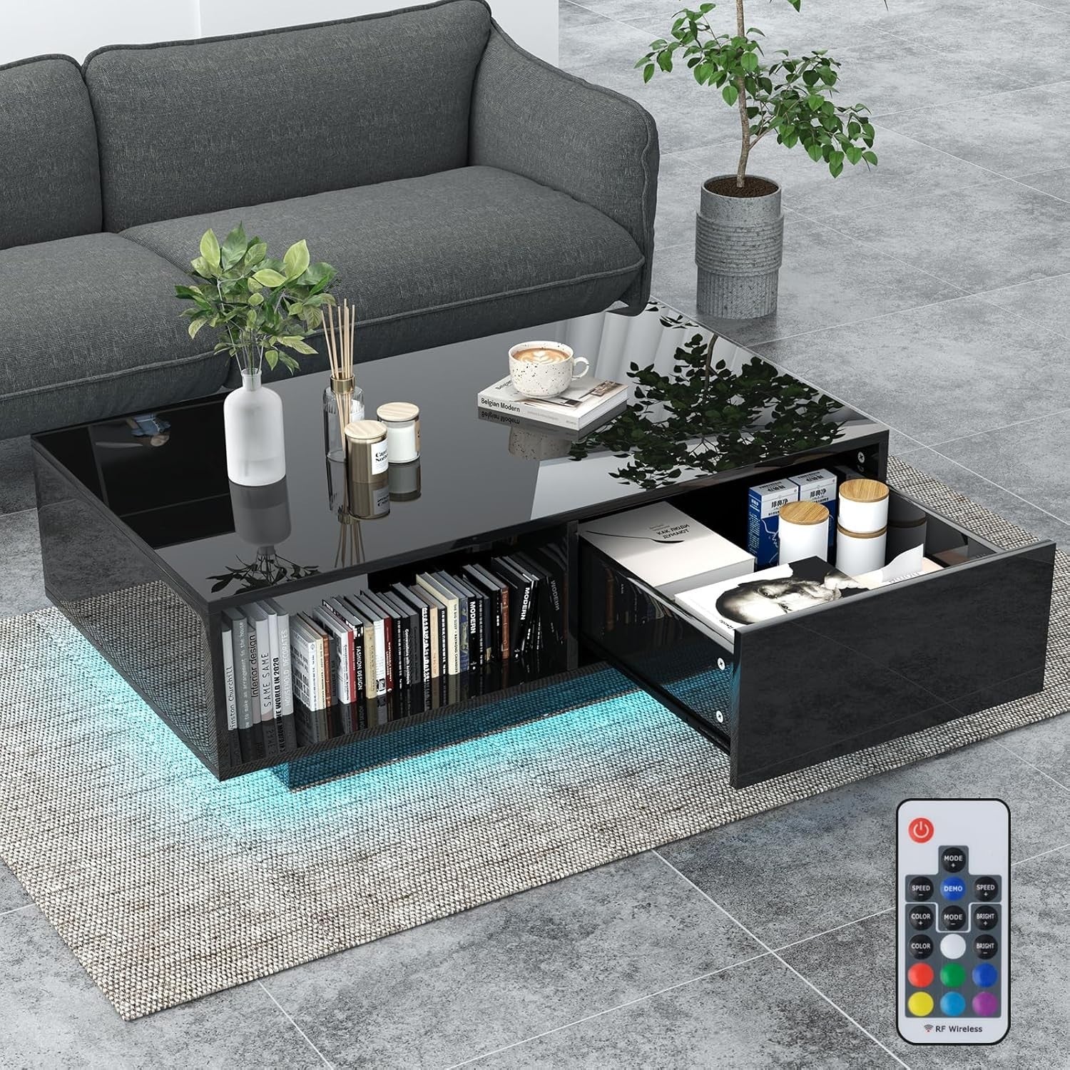 Modern LED Coffee Table with Storage Drawer – 20 Colour Lights, Black