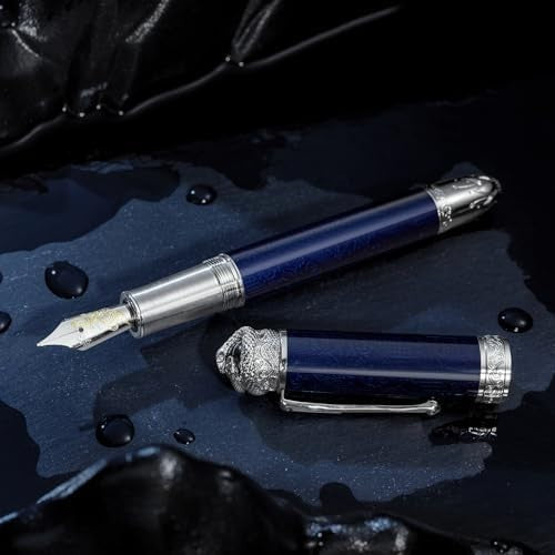 Ocean Blue Piston Fountain Pen Extra Fine Nib Snake Engraved Gift Set