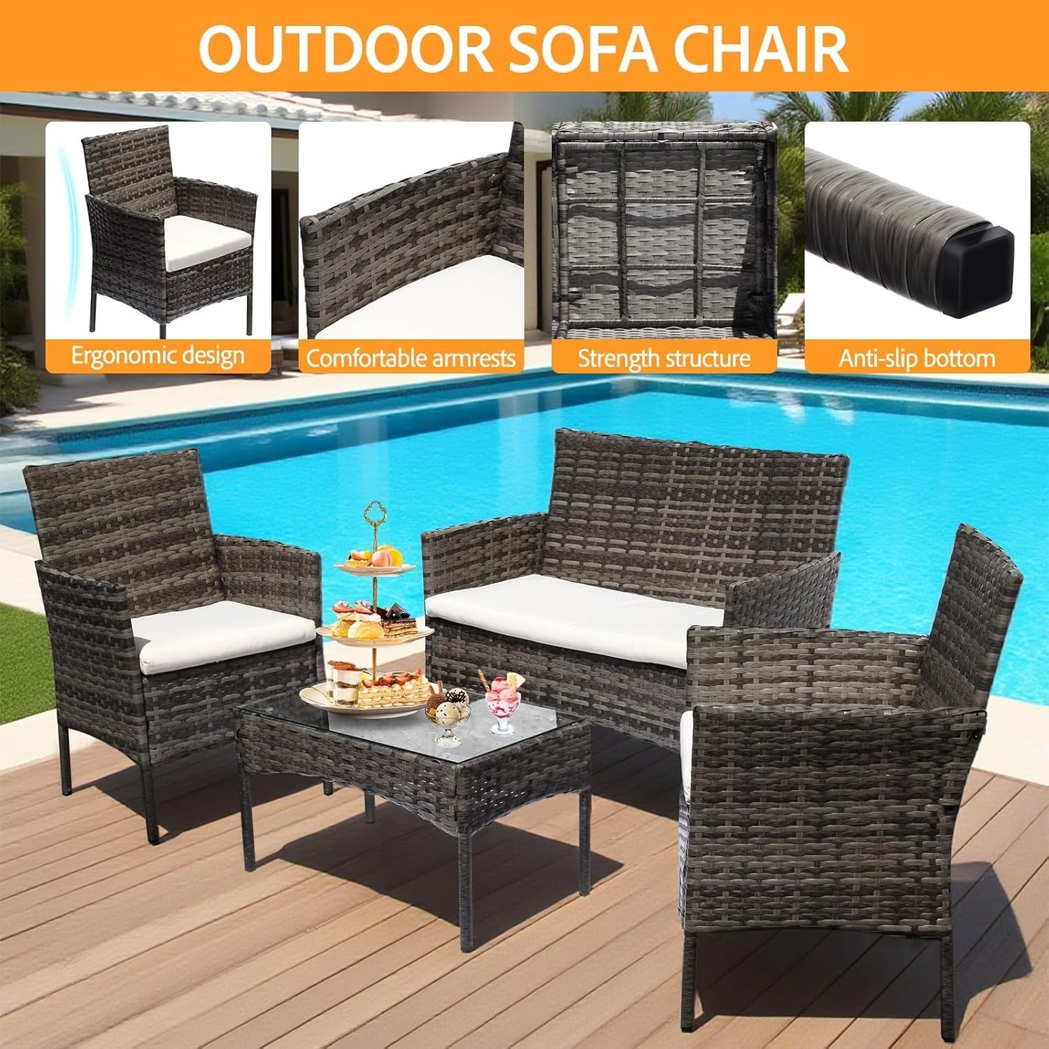 4 Seater Rattan Garden Furniture Set Patio Outdoor Dining Sofa Table Grey