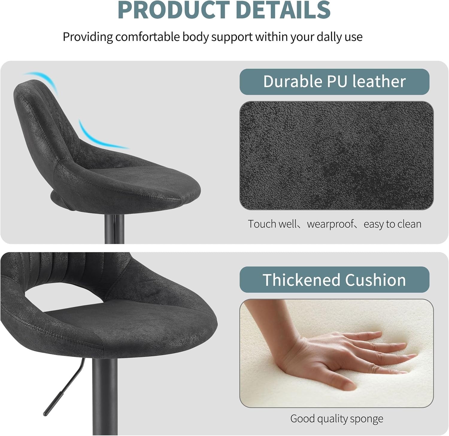 Black Bar Stools Set of 2 | Memory Foam Seat, Adjustable Swivel, Round