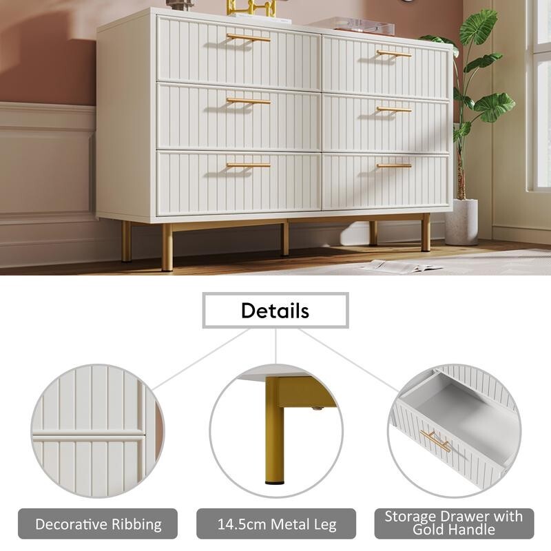 White 6 Drawer Sideboard Chest Gold Handles, Modern Cabinet Storage 120cm